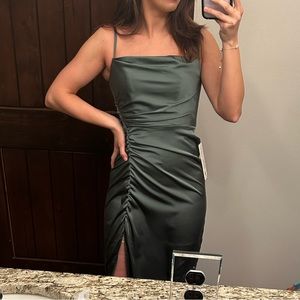 Azazie Eucalyptus Satin Kendall and Kylie Bridesmaid dress.